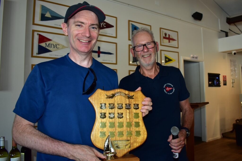 Gareth is awarded with the most improved sailor award which was presented by David Staley who is the Sailing Manager at MYHC and the organiser of this Regatta.
Photo by Kathy Johnson